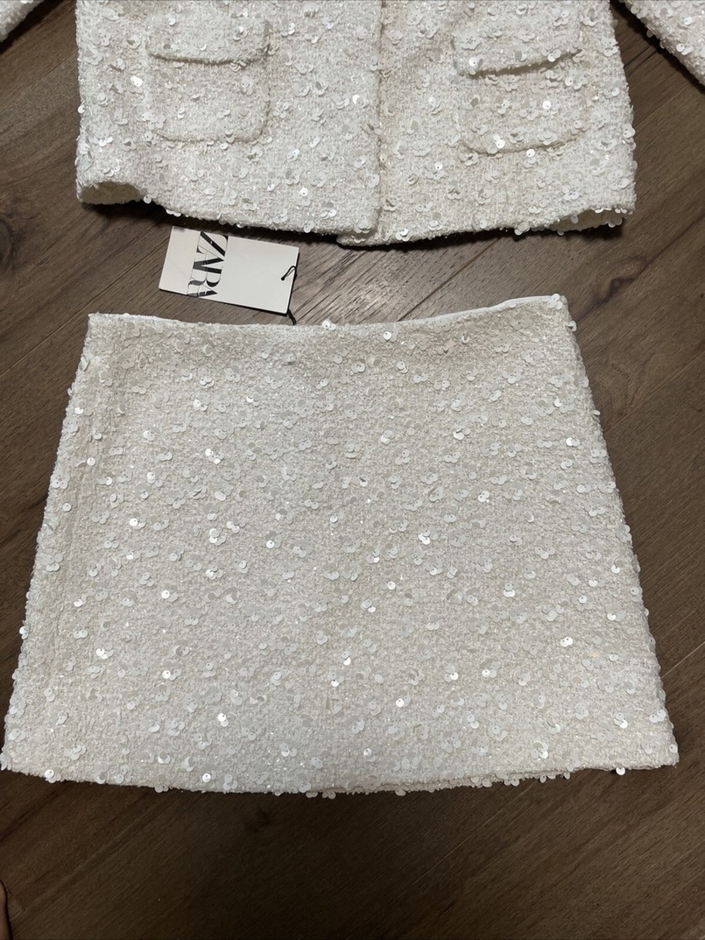 ZW Collection Chanel Vibes White Sequin Mini Skirt & Cropped Jacket Set - Picture 7 of 10
